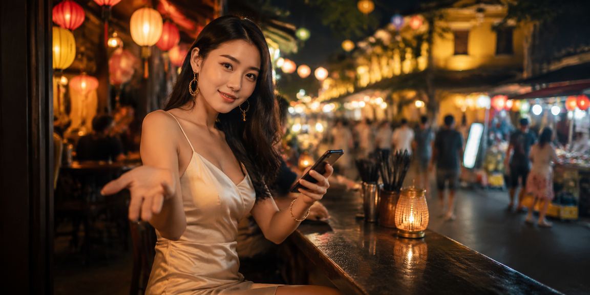 Du khách tại chợ đêm Hội An sử dụng điện thoại đặt cược thể thao trực tuyến